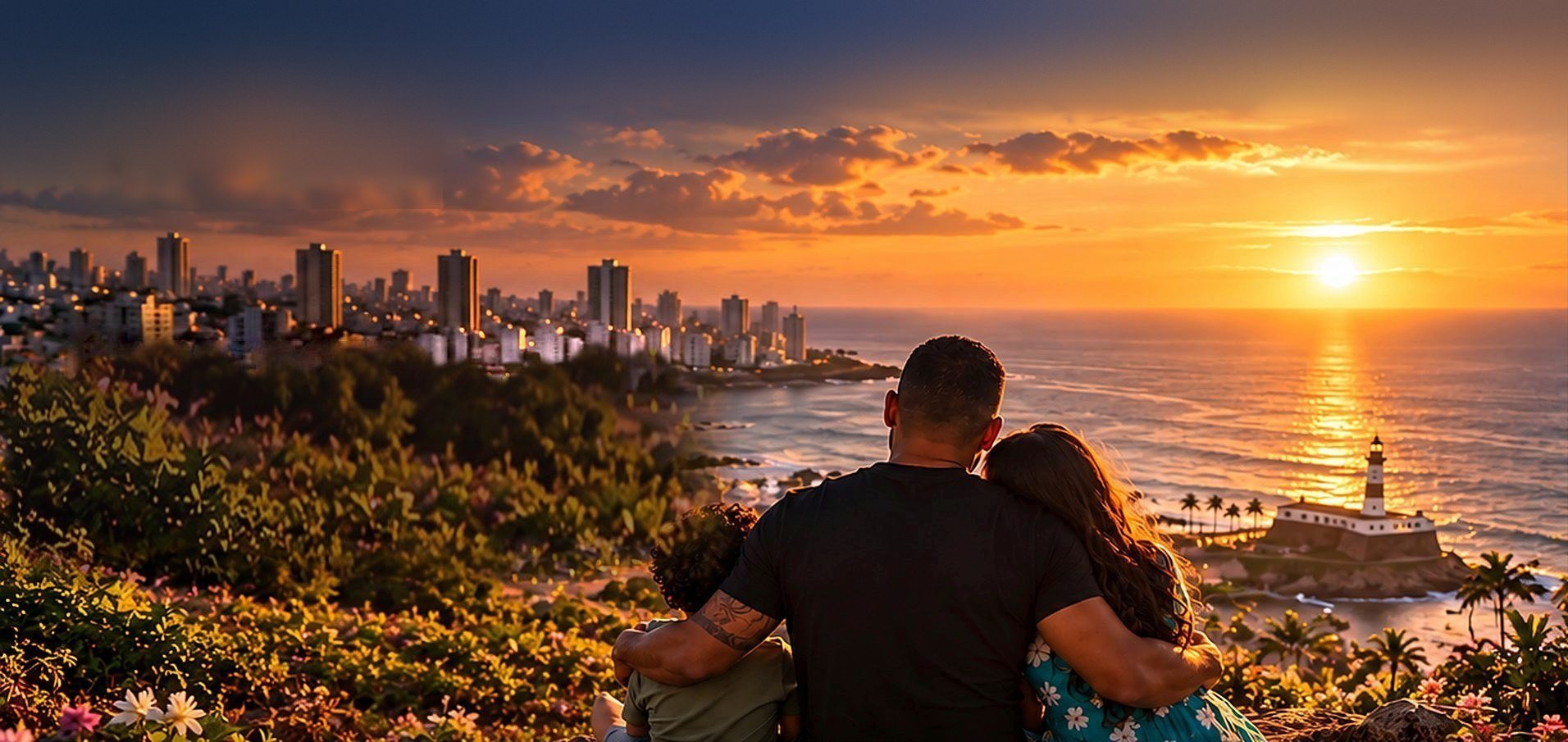 Pai com o filho e a filha contemplando o pôr do sol no litoral de Salvador, com o Farol da Barra ao fundo